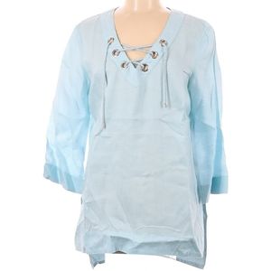 100% Linen Blue Tunic w/ V-neck 3/4 Sleeves, Size M